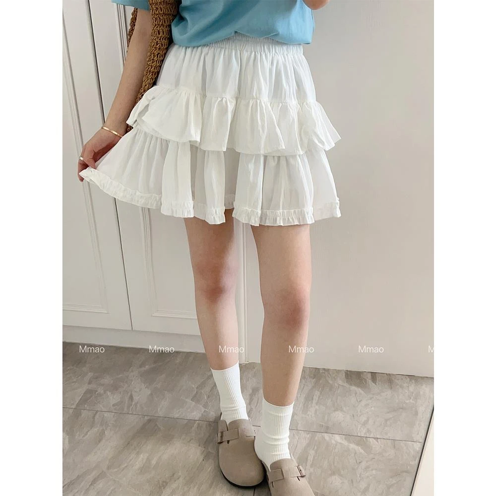 韩系白色木耳花边蛋糕裙半身裙女夏季高腰显瘦a字蓬蓬短裙小个子