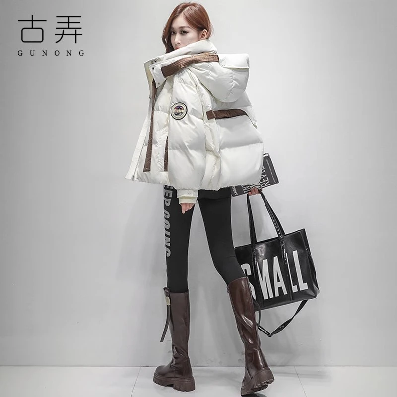 古弄潮牌原创设计感白鸭绒羽绒服女短款小个子韩版宽松拼接面包服