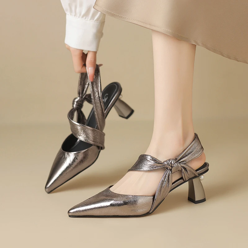 6cm真皮时尚珍珠跟包头凉鞋银色百搭浅口高跟鞋粗跟百搭后空女鞋