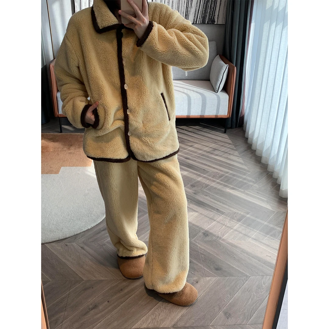 日系甜美撞色珊瑚绒睡衣女秋冬套装翻领加厚保暖家居服可外穿保暖