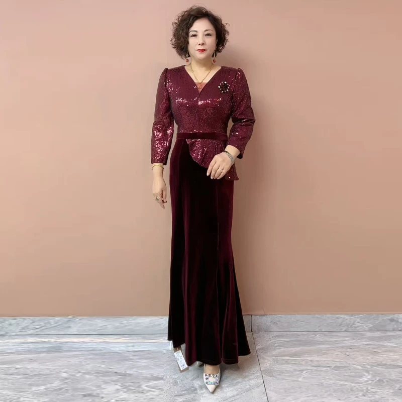高端气质喜婆婆礼服年轻款妈妈高贵旗袍连衣裙洋气鱼尾晚礼服长裙