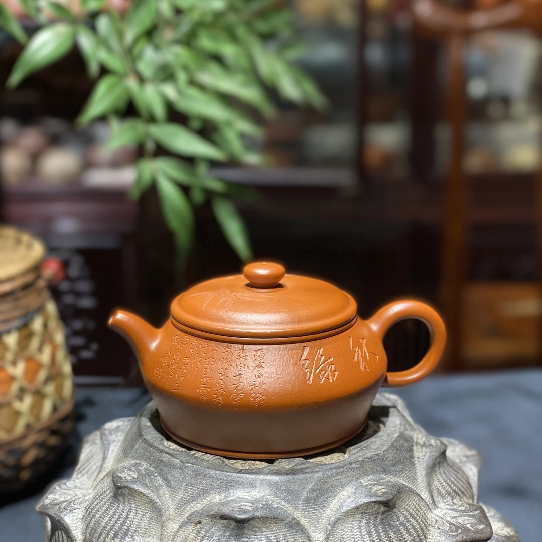 宜兴纯手工红泥曼殊壶刻竹叶朱泥紫砂壶180cc宜兴正宗紫砂泡茶壶