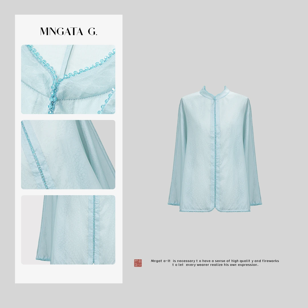 MNGATA G.宫小妍 【蓝莲花】夏日新中式中国风真丝立领上衣4X010114