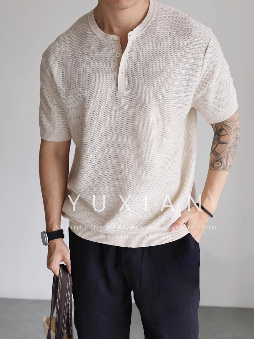 【天丝亚麻】意式透气天然亚麻混纺亨利领针织短袖休闲商务T恤夏