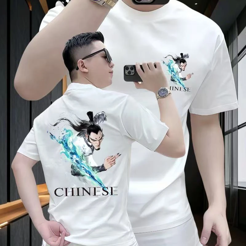 CHINESE申公豹高品质新款轻奢百搭极简印花流行圆领时尚宽松半袖