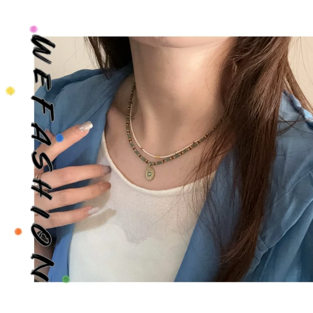 合金仿珍珠项链 【WE】春夏复古绿多巴胺彩色叠带项链