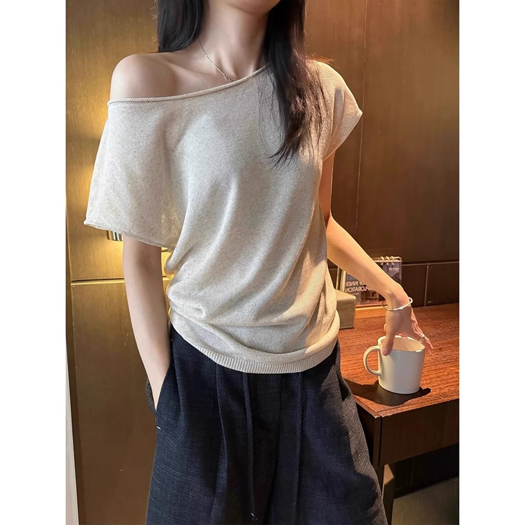 法式气质一字领卷边冰丝针织衫女夏季宽松斜肩露肩小心机薄款上衣