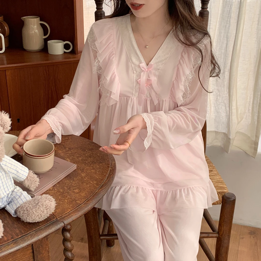 【小美慧】蕾丝春夏莫代尔带胸垫双层网纱花边长袖睡衣家居服套装女