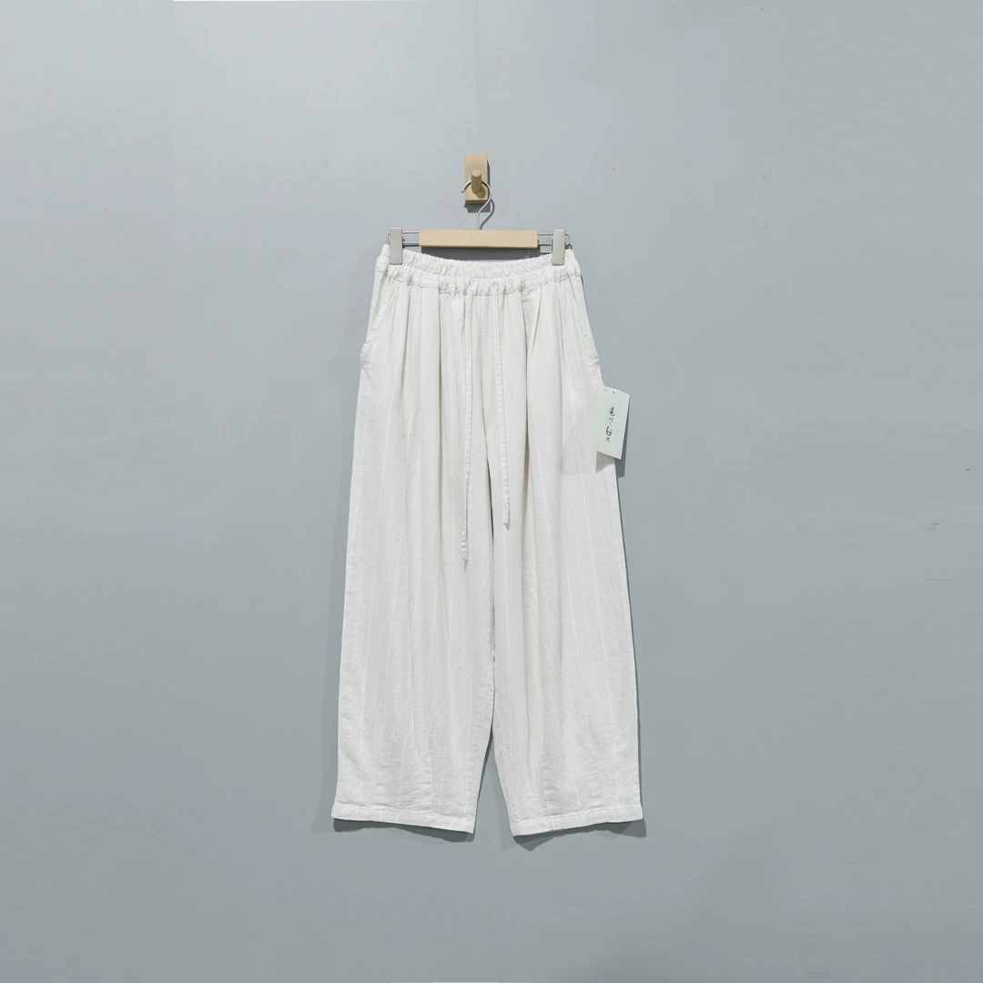 【且听风吟】0213368文艺麻棉条纹松紧腰抽绳休闲裤 裤长95臀围126