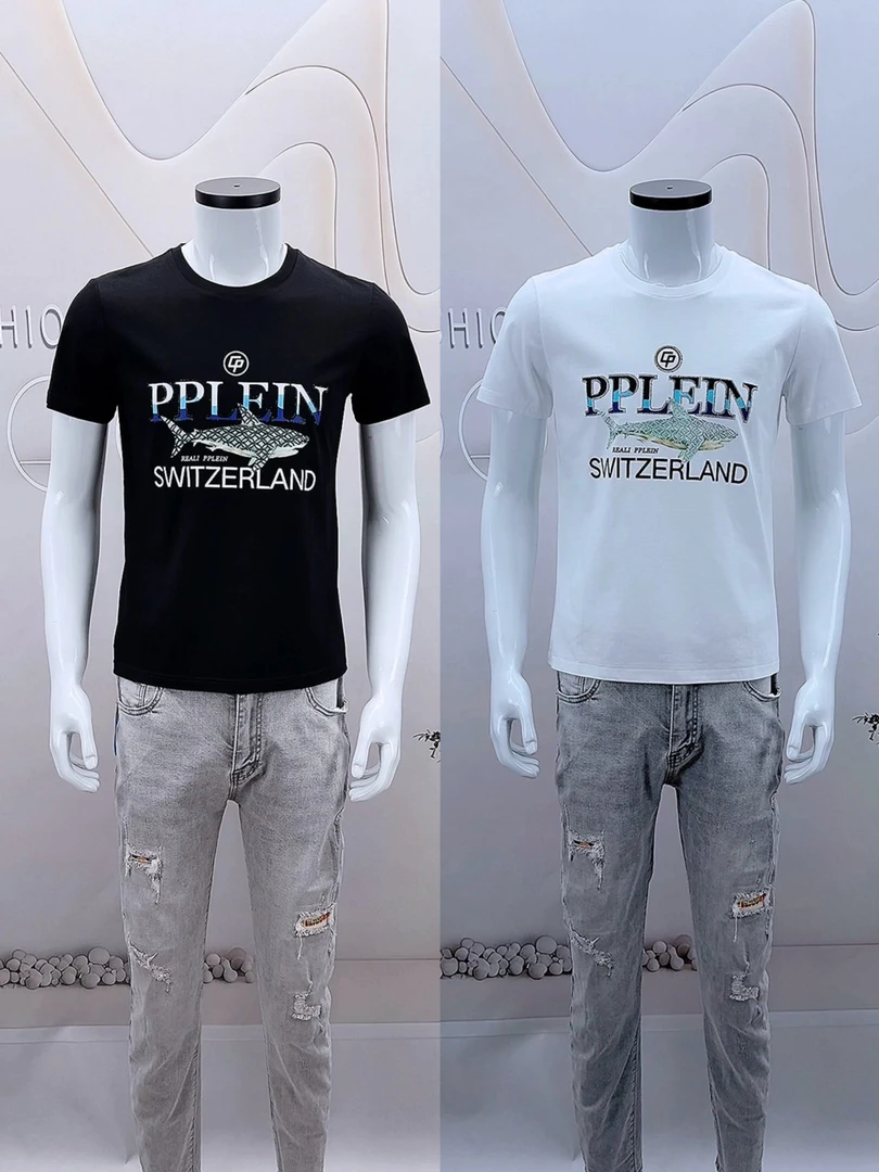 欧洲站潮牌高端修身夏季新款男士烫钻印花短袖T恤百搭欧货