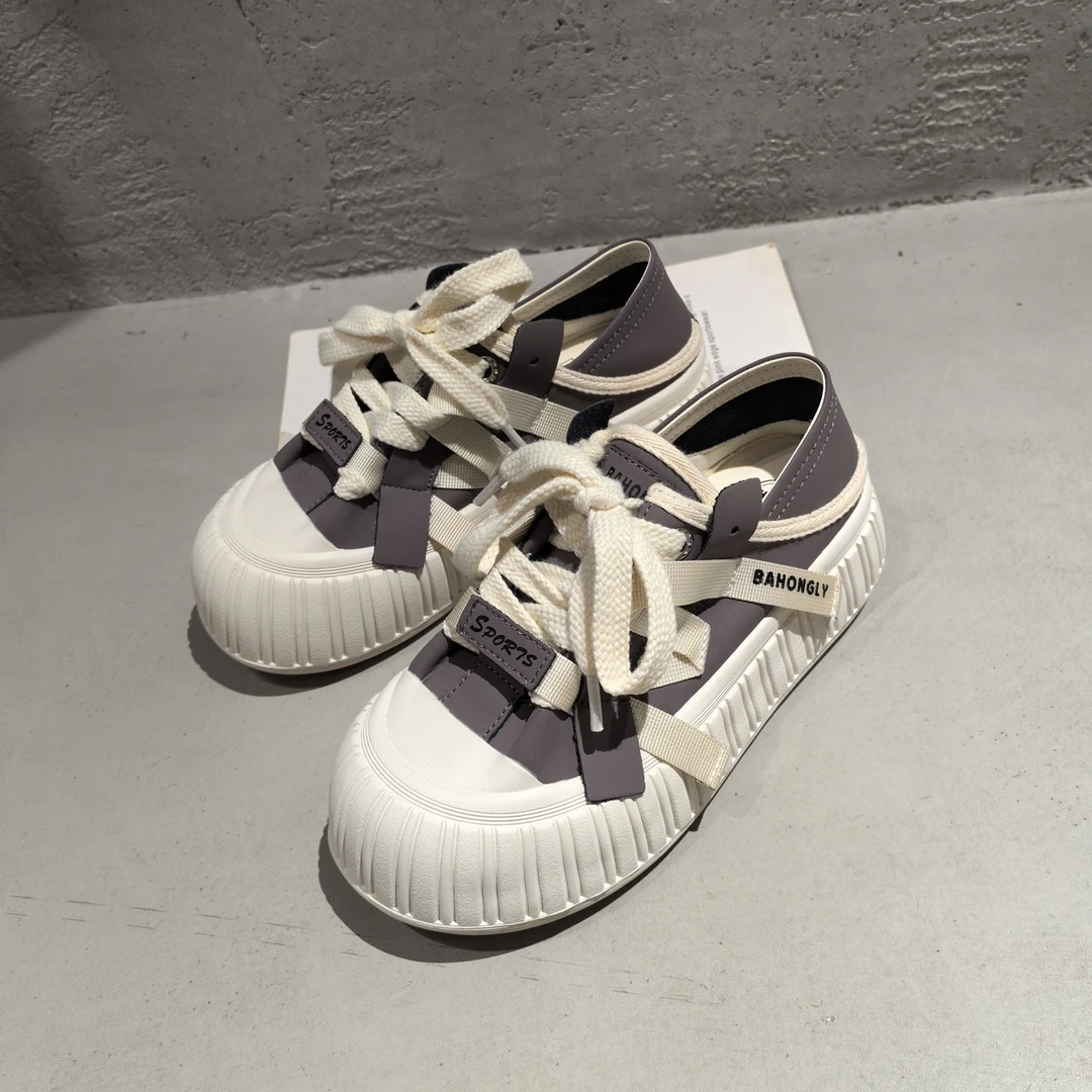 2026年春季新款真皮圆头防滑耐磨百搭休闲系带厚底大头松糕鞋女鞋