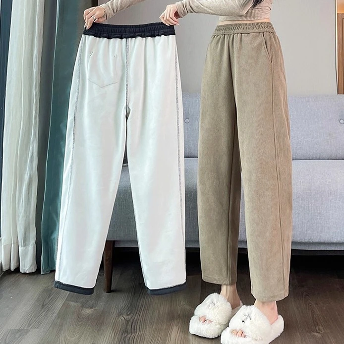 秋冬加绒加厚雪尼尔哈伦裤高腰显瘦萝卜裤九分小个子灯芯绒直筒裤