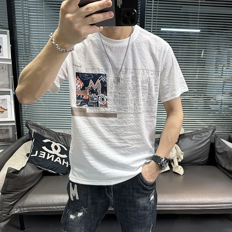 2025夏季新款棉麻短袖t恤男圆领烧花冰丝透气休闲薄款上衣潮牌