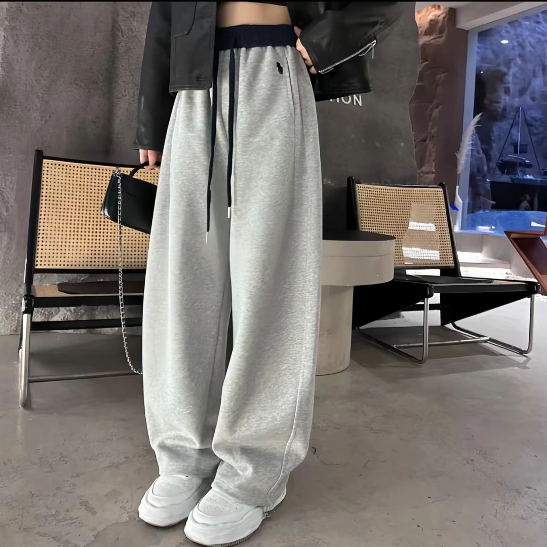 美式撞色拼接小马刺绣加绒卫裤女25秋冬新款高腰休闲阔腿7268（ZZ）