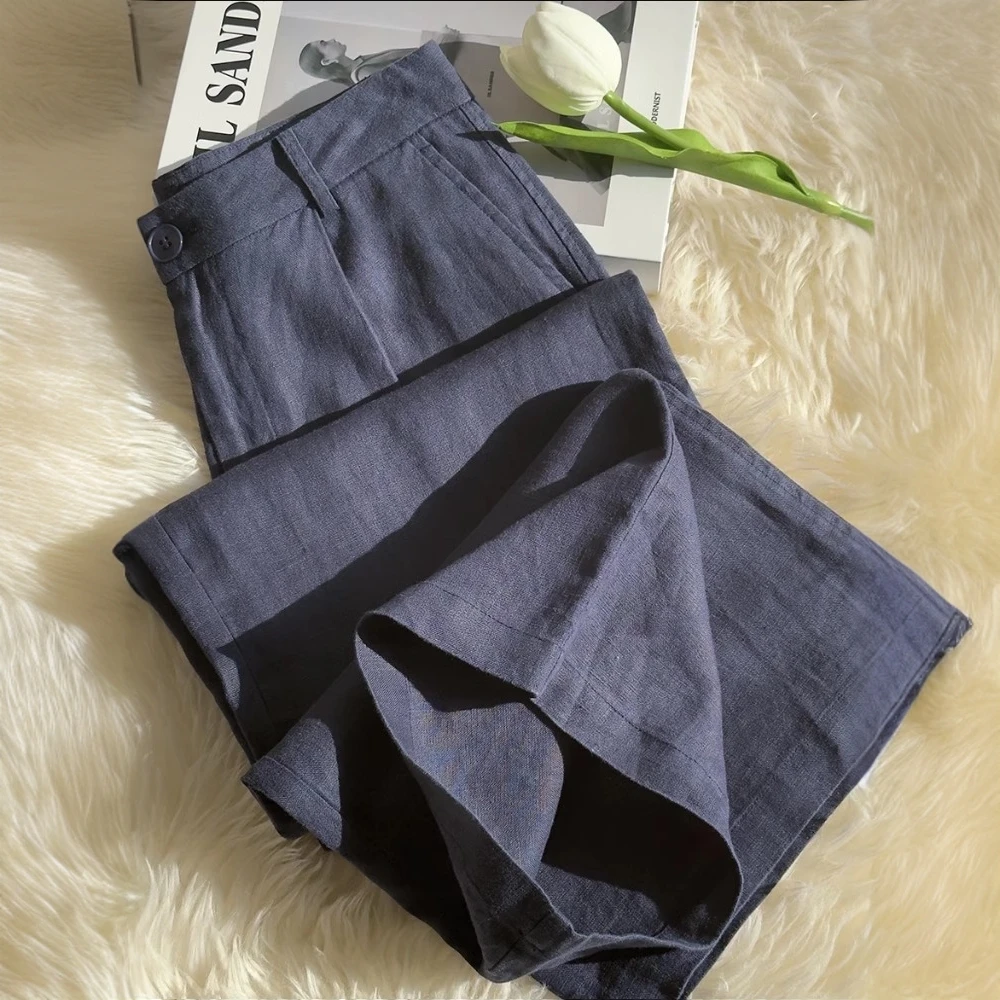 2025年夏季薄款棉麻休闲裤大码高腰垂感阔腿裤胖mm显瘦窄版拖地裤