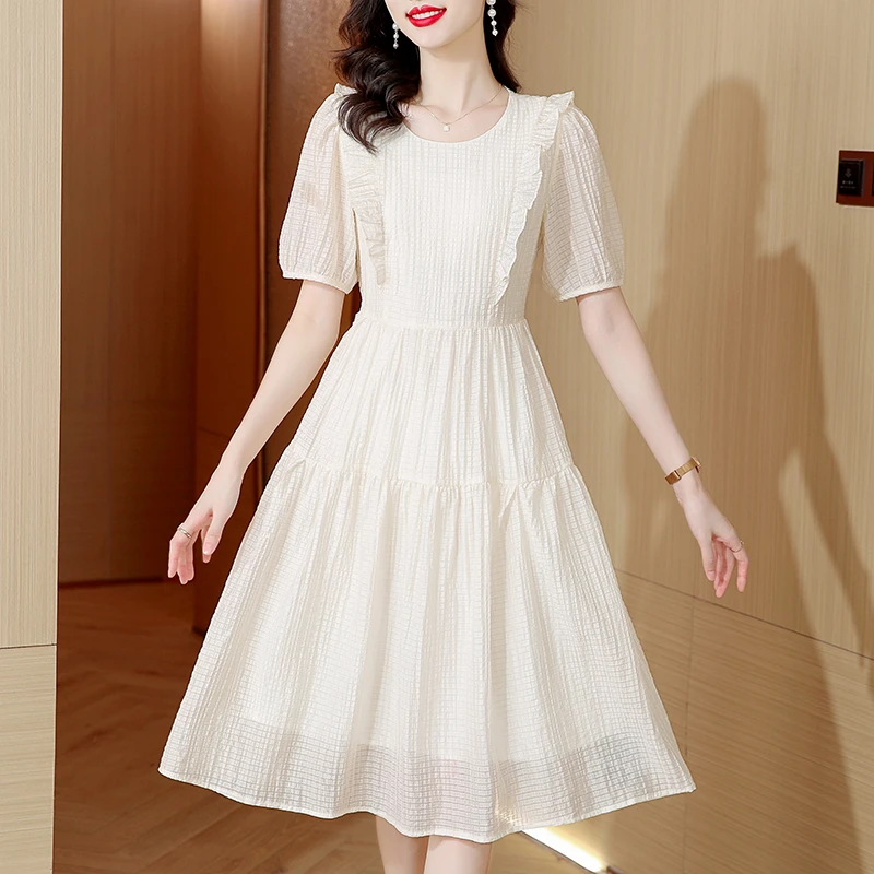 法式泡泡袖荷叶边连衣裙子女夏装2025夏季新款收腰显瘦宽松中长裙