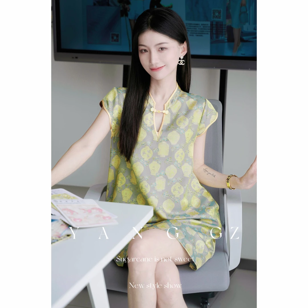 YANG GZ【金光万道】新中式宝瓶纹V领中式连衣裙女 GZ5152DR657021