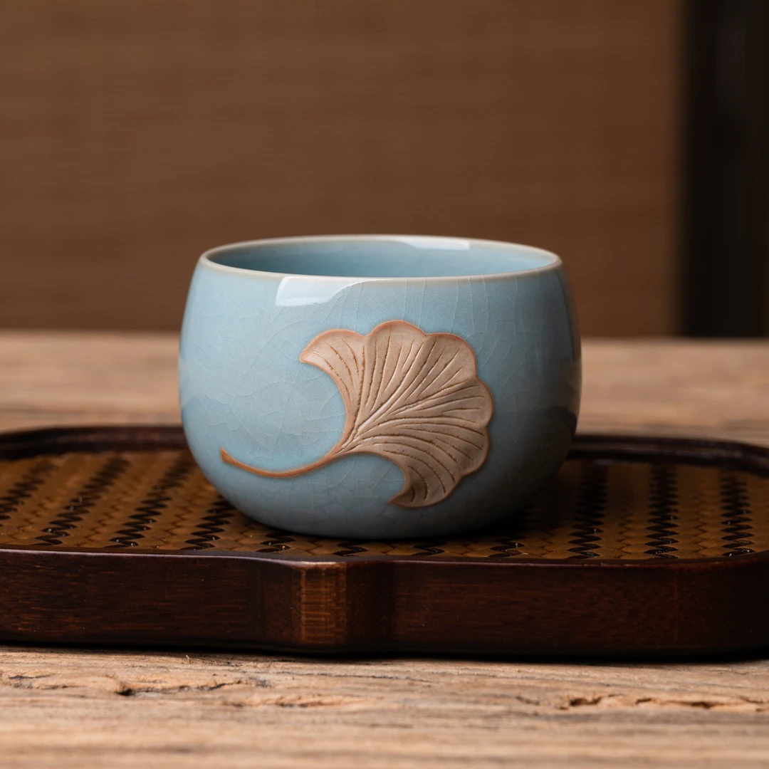 赵运圈天青月白银杏杯80ml 手工杯 高端汝窑茶具 汝州汝瓷直播间