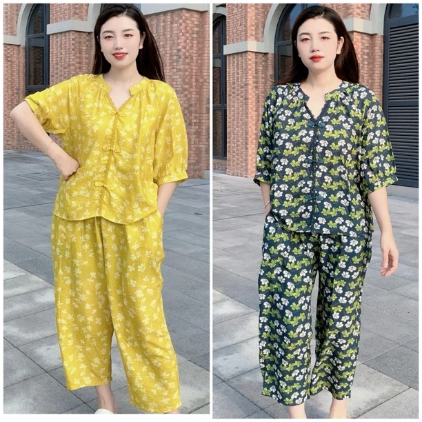 新中式印花五分袖小衫套装女夏季新款X时尚休闲妈妈装宽松两件套