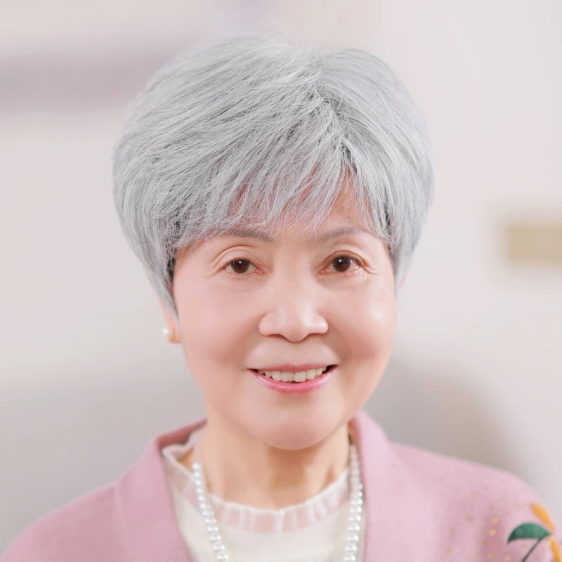 奶奶花白假发蓬松短发表演白发假发套老人整顶花白真发全头套透气