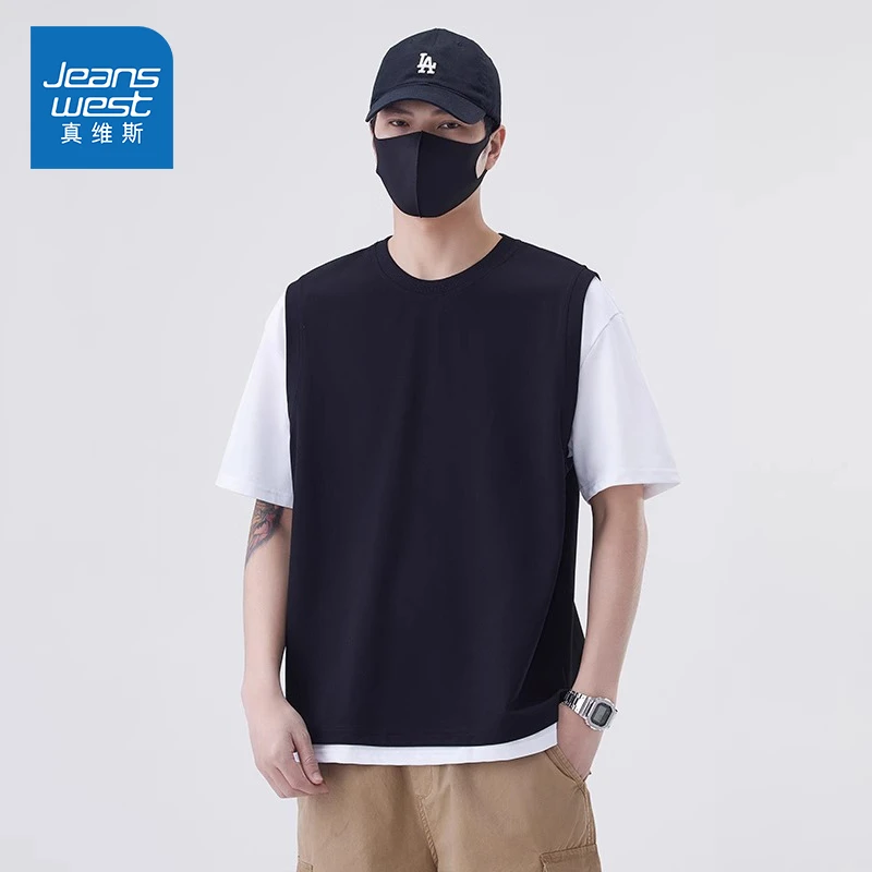 Jeanswest/真维斯夏季潮牌圆领休闲T恤男士宽松拼接假两件上衣男