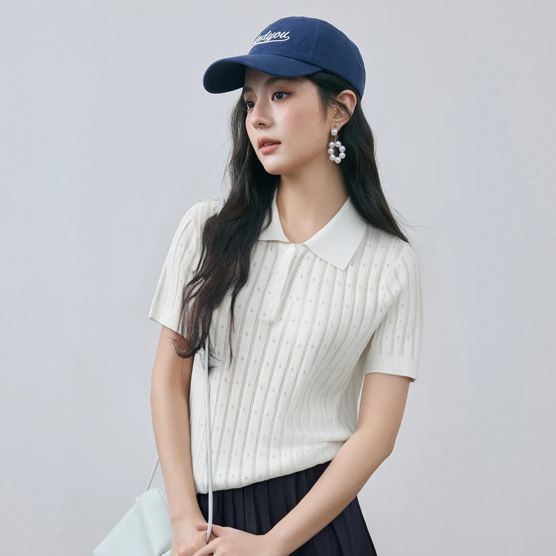 诗凡黎凉感醋酸天丝棉针织衫Polo领镂空轻薄短袖上衣女7G6431661