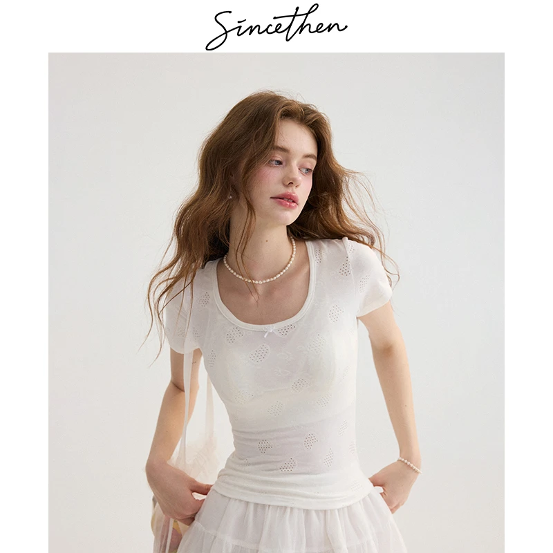 sincethen日落收藏家法式百搭t恤短袖方领甜美小上衣短款打底衫女