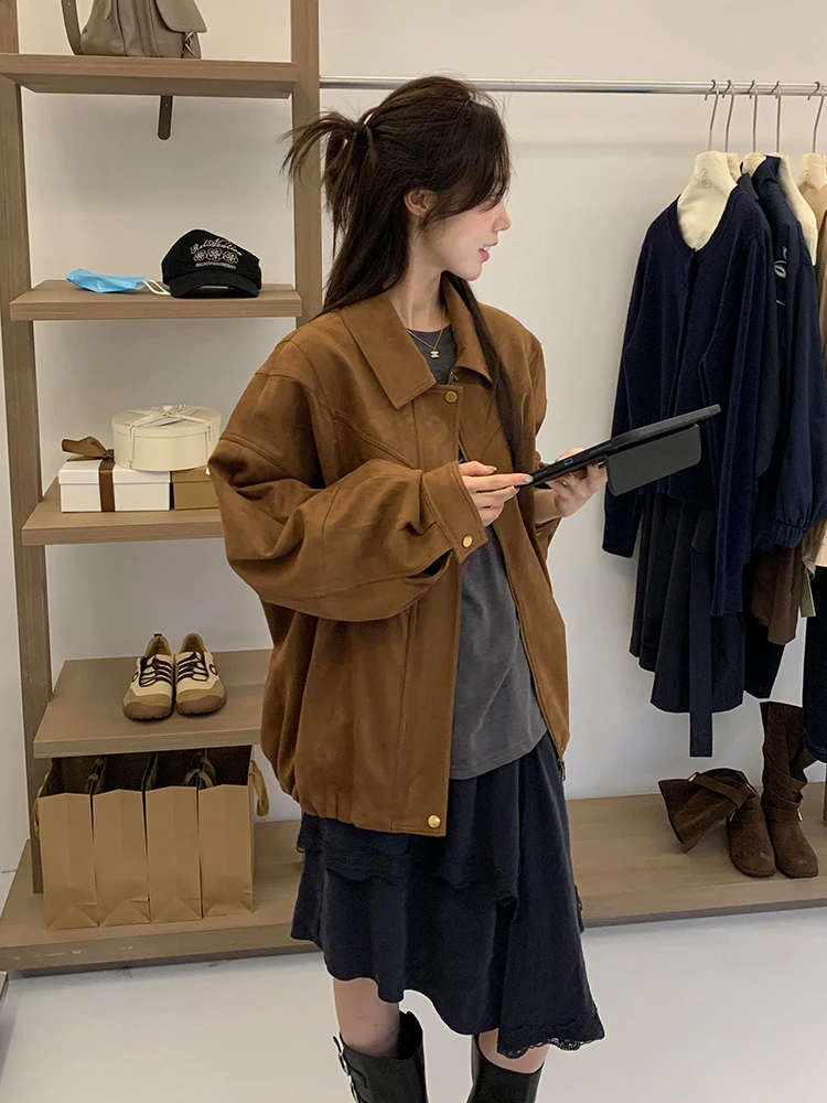复古风棕色夹克麂皮绒春秋女款美式宽松休闲百搭皮衣外套新款上衣