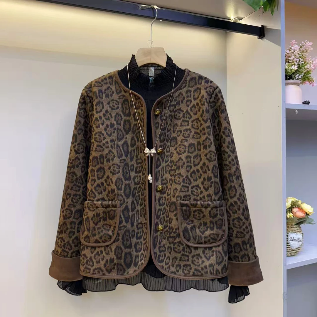 棉衣豹纹气质短外套白色小香风粗花呢外套2025短款