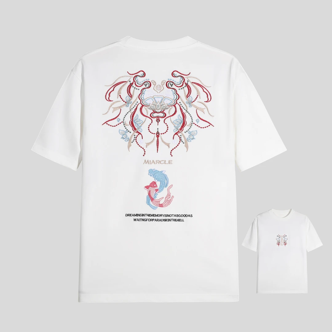 【花1】蛇年轻奢短袖国风双鱼刺绣T恤 y221#