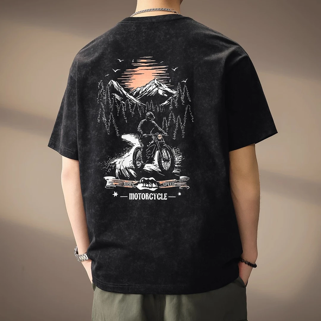 MR.MUDI/穆迪先生高端三本针印花短袖T恤男夏潮纯棉美式宽松体恤