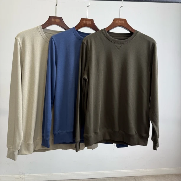 外贸男士毛圈纯色圆领宽松通勤简约卫衣长袖套头上衣1521