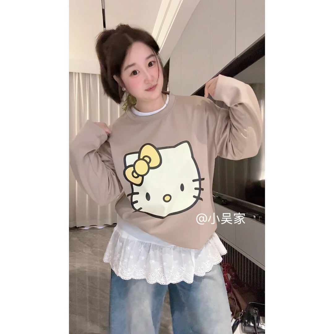 「小吴家」2025冬季韩版宽松显瘦卡通KT猫加厚中长款长袖T恤女