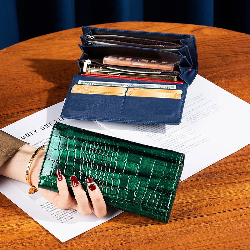 鳄鱼纹牛皮大钞钱夹放手机时尚真皮亮皮多卡位多隔层长款折叠钱包