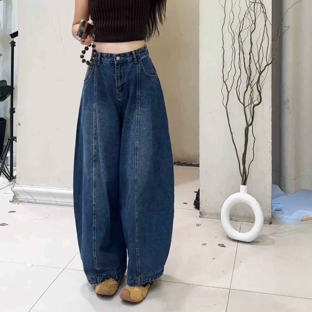 弯刀牛仔裤女遮胯阔腿裤秋显瘦哈伦裤梨型身材高腰显瘦松弛老爹裤