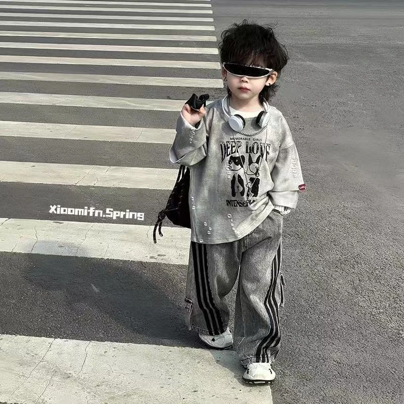 男童春季洋气套装2025男童套装春秋拉条牛仔裤超酷洋气扎染长袖潮