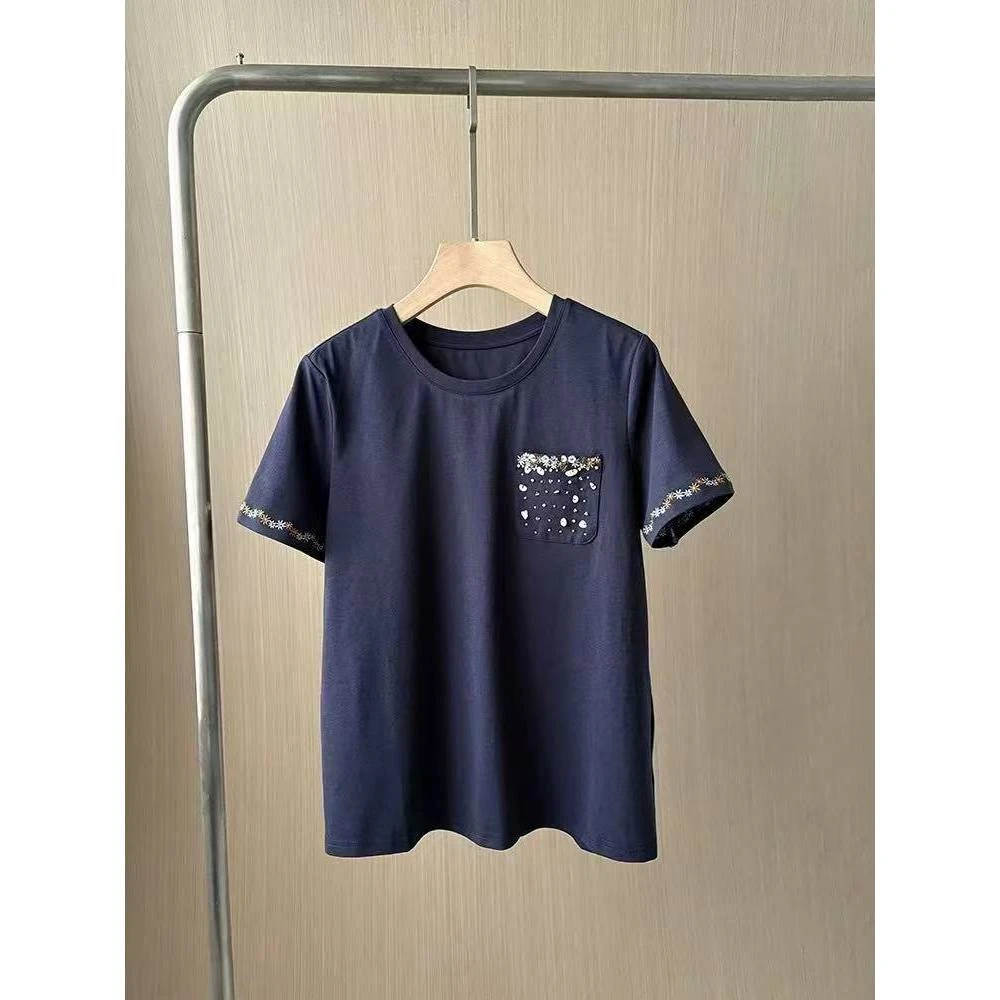 刺绣贝壳单口袋短袖T恤ZBS33465衣长60卡码往大拍