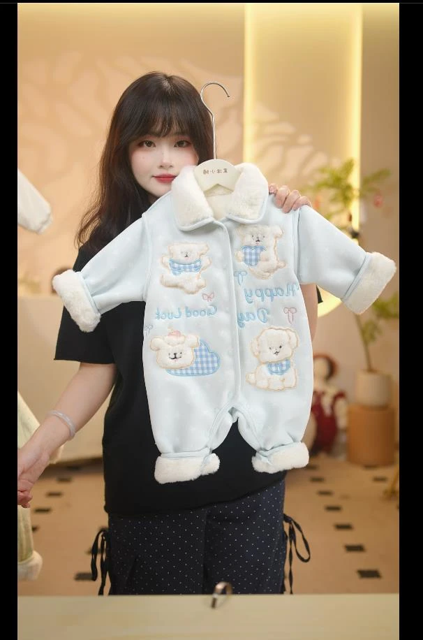 秋冬季婴幼儿皮毛一体连体衣儿童宝宝冬款加绒加厚保暖连帽外出服