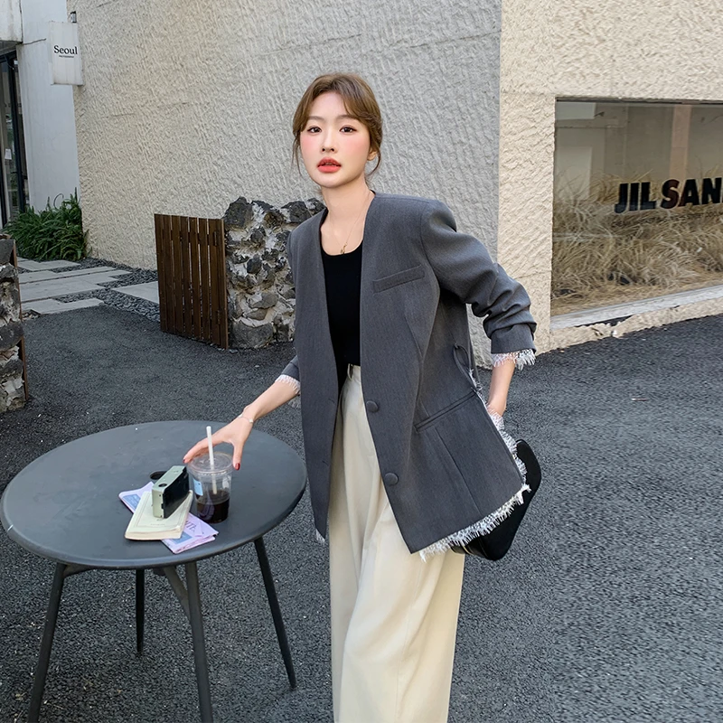 灰色西装外套女2025春秋新款蕾丝花边设计感小众宽松休闲高级西服