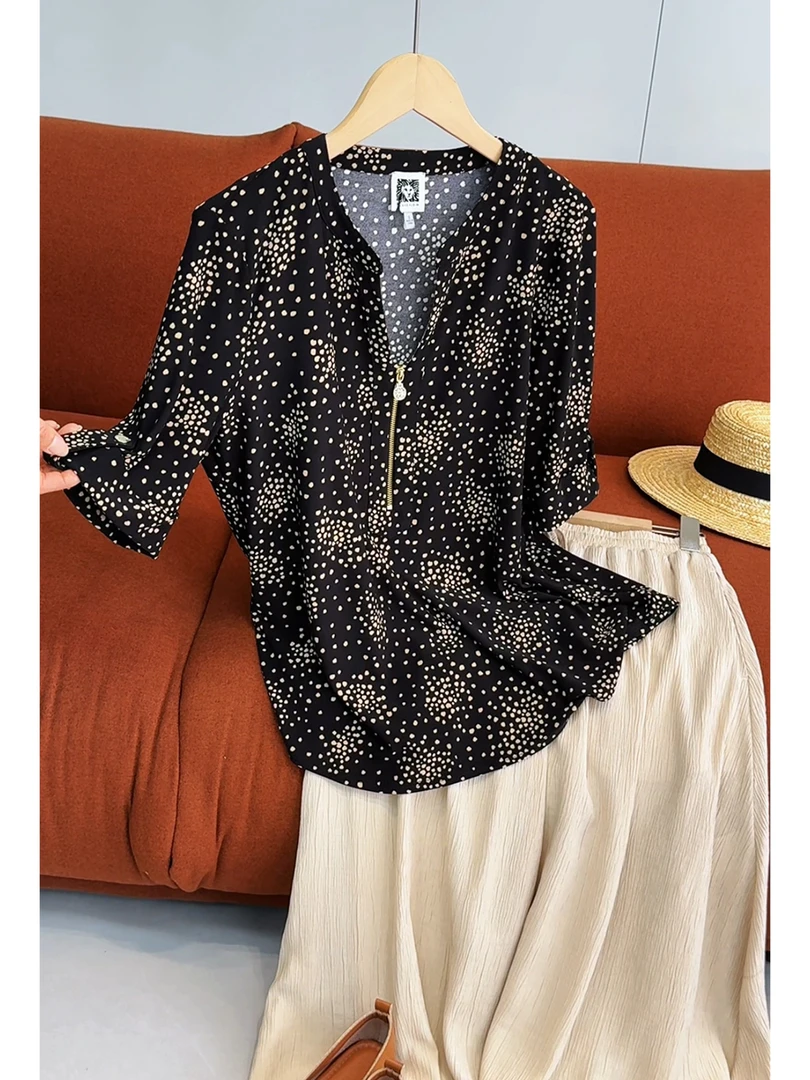 2025新款设计感带拉链打底衫气质百搭短袖套头花色衬衫