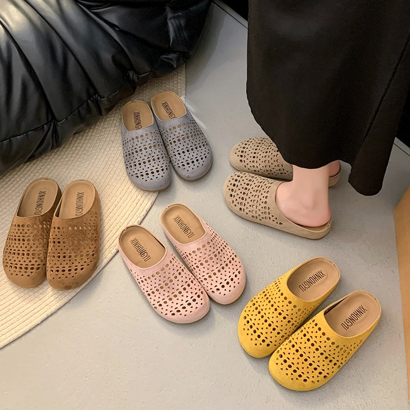 半托真皮牛筋平底时尚镂空勃肯包头拖洞洞透气夏防滑软底16半拖