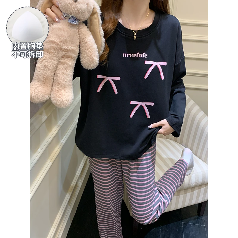 睡衣女款爆款2025新款春秋大码可外穿高颜值带胸垫长袖家居服套装