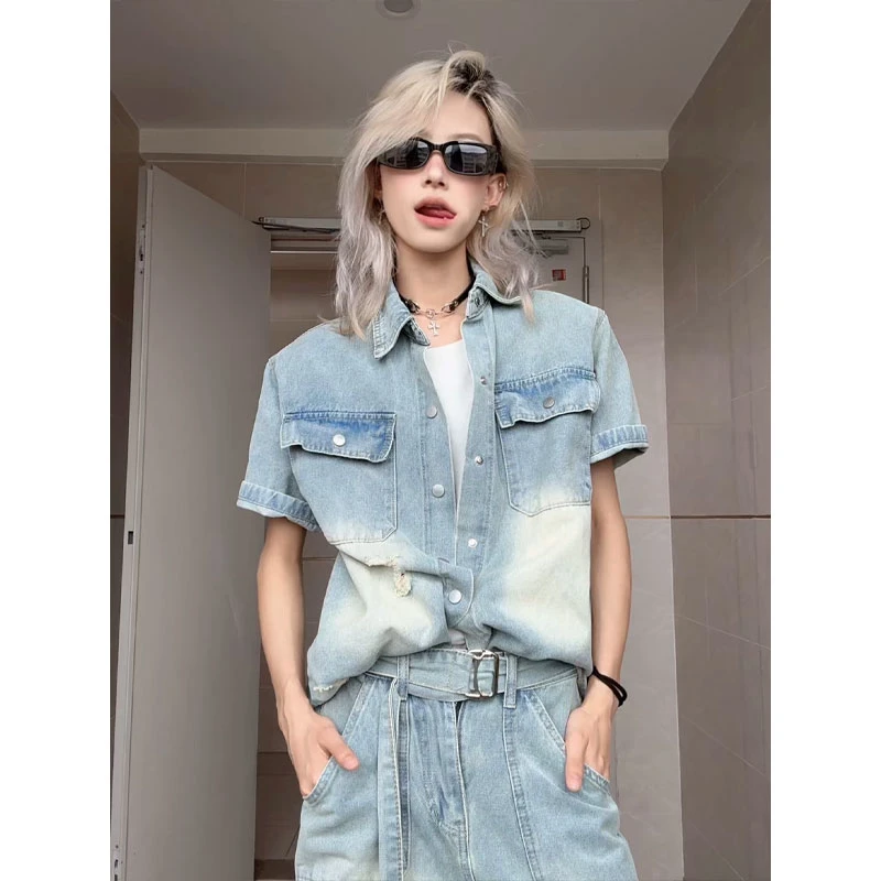 江浙沪穿搭夏季套装牛仔短袖衬衫男生阔腿破洞裤子上衣搭配一整套