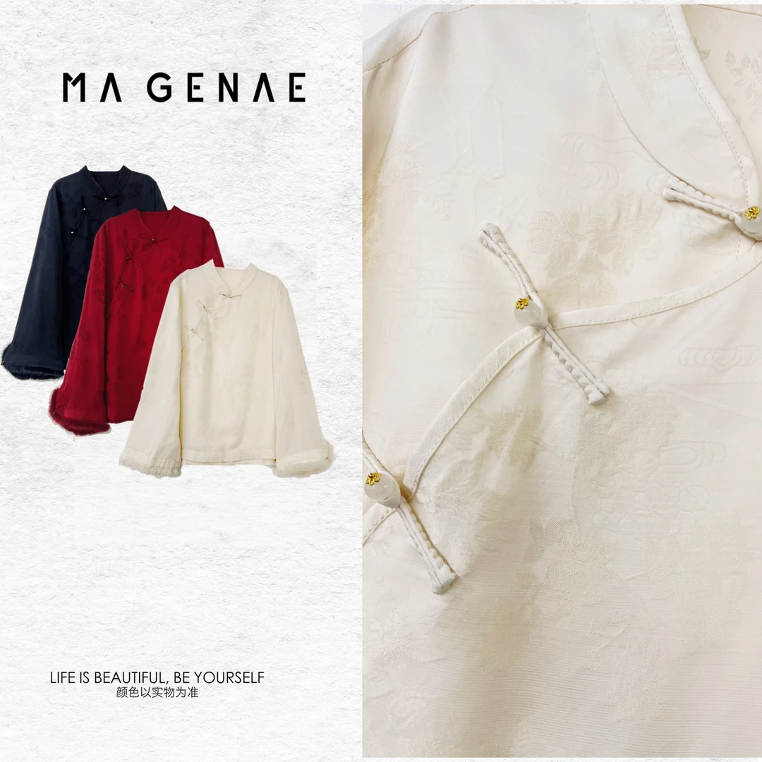 『富贵人家』袖口拼接水貂毛重工新中式斜襟人丝上衣衬衫SR368