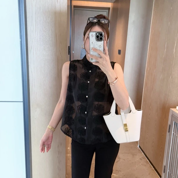 新中式国风刺绣提花马甲蕾丝背心百搭夏季黑色无袖