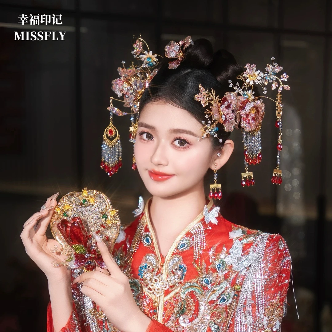 金红色秀禾头饰新中式新娘发饰喜庆古风晨袍礼服马面裙发饰减龄