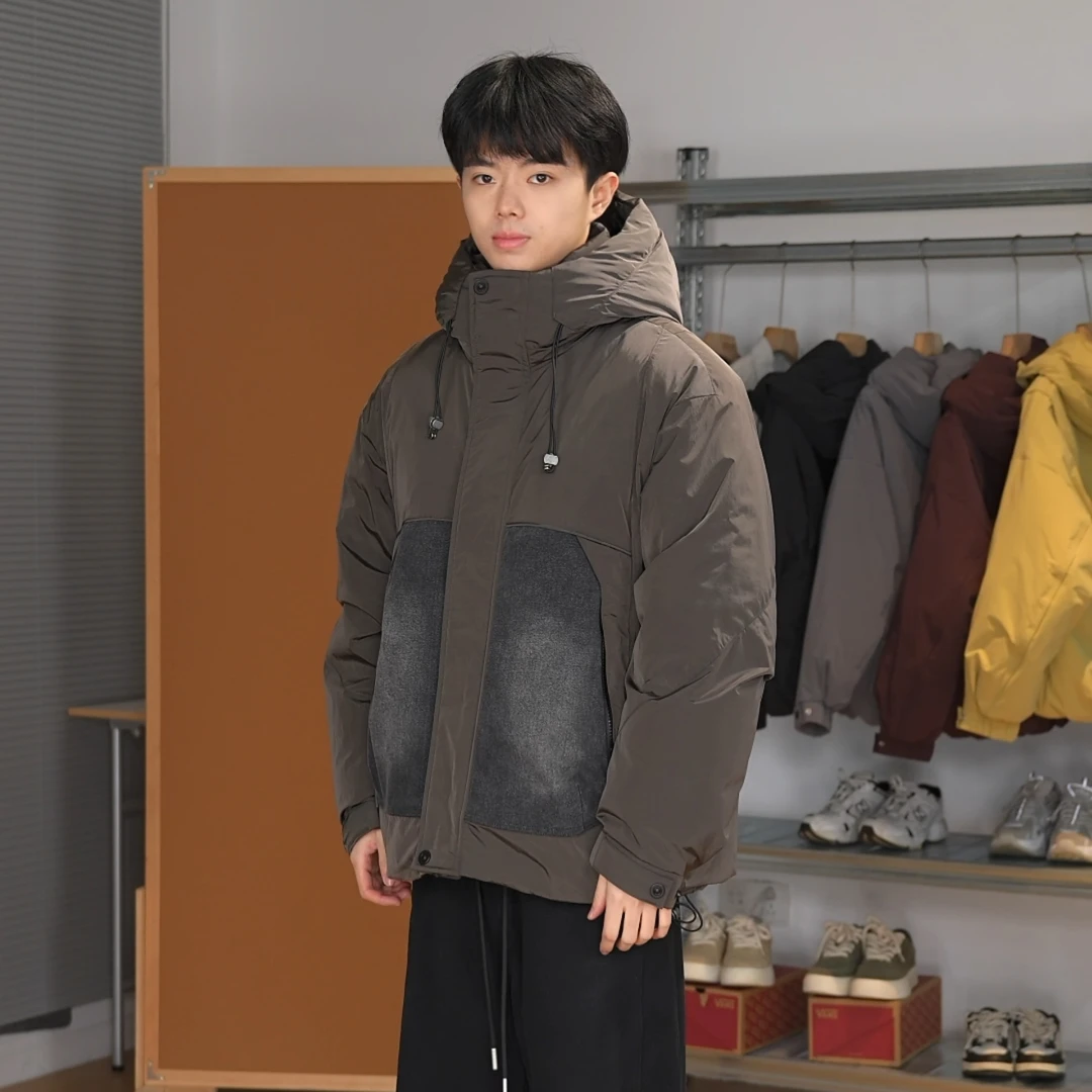 【LABI/山峦牛仔】90白鸭绒 牛仔拼接宽松连帽时尚百搭羽绒服-2656