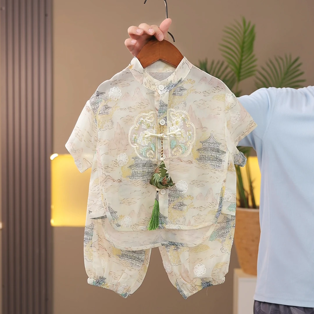 儿童汉服男童女童夏季新款童装宝宝古风短袖短裤中式夏款薄款上衣
