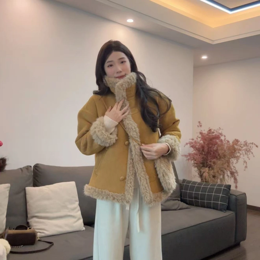 Y19022-W复古氛围感带包翻领毛毛外套女装冬季百搭保暖上衣W