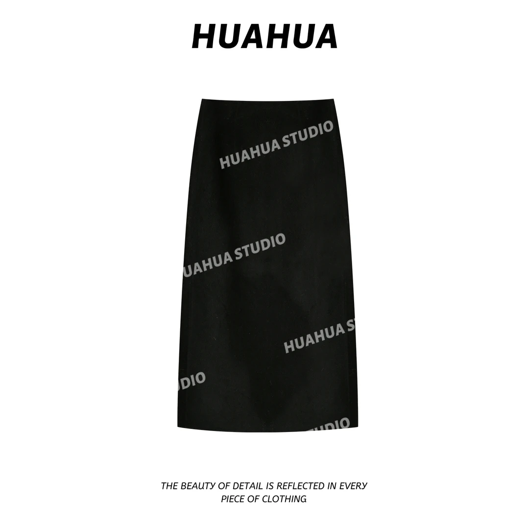 【花花】静奢半裙~毛呢半身裙新款高腰直筒修身显瘦双面呢半裙